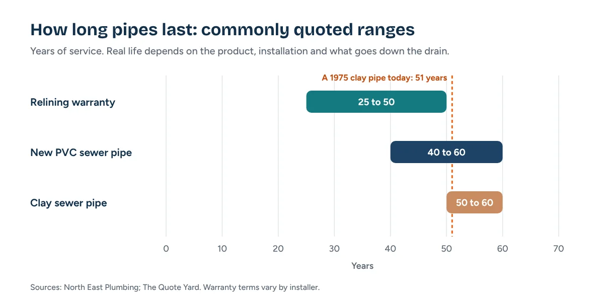 Typical lifespan of a relined pipe compared with new PVC and old clay pipes