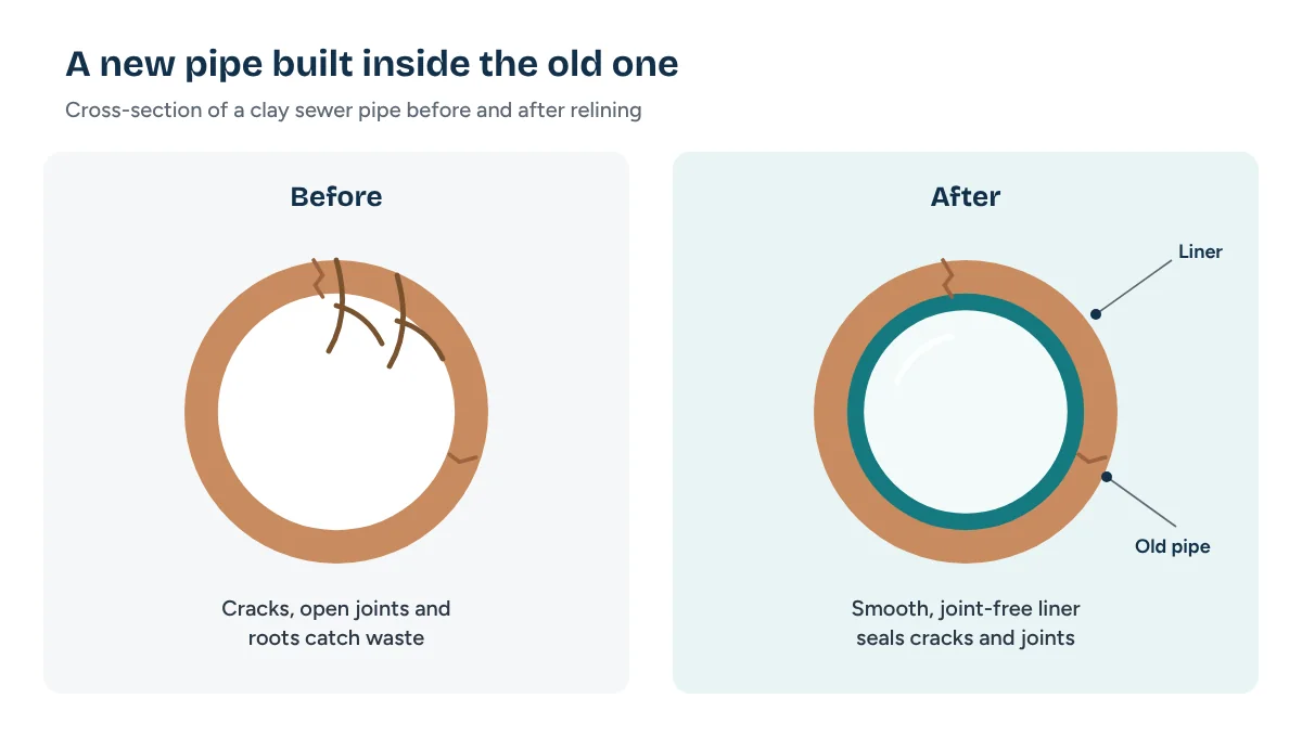 What is pipe relining: cross-section showing the old pipe, the cured resin liner and the smooth new bore