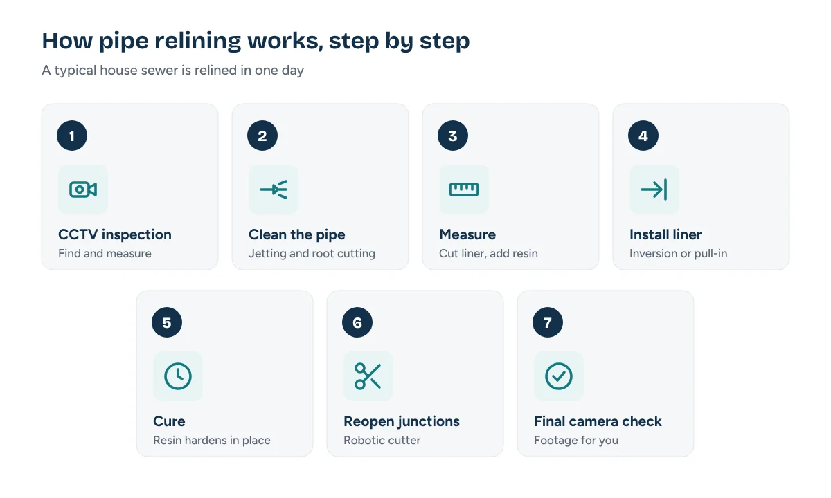 The 7 steps of pipe relining from CCTV inspection to final camera check